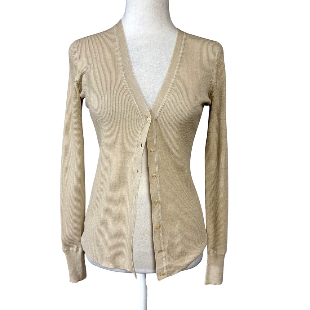 TSE Sweater Cardigan Womens XS Beige Cashmere Silk V Neck Button Lightweight